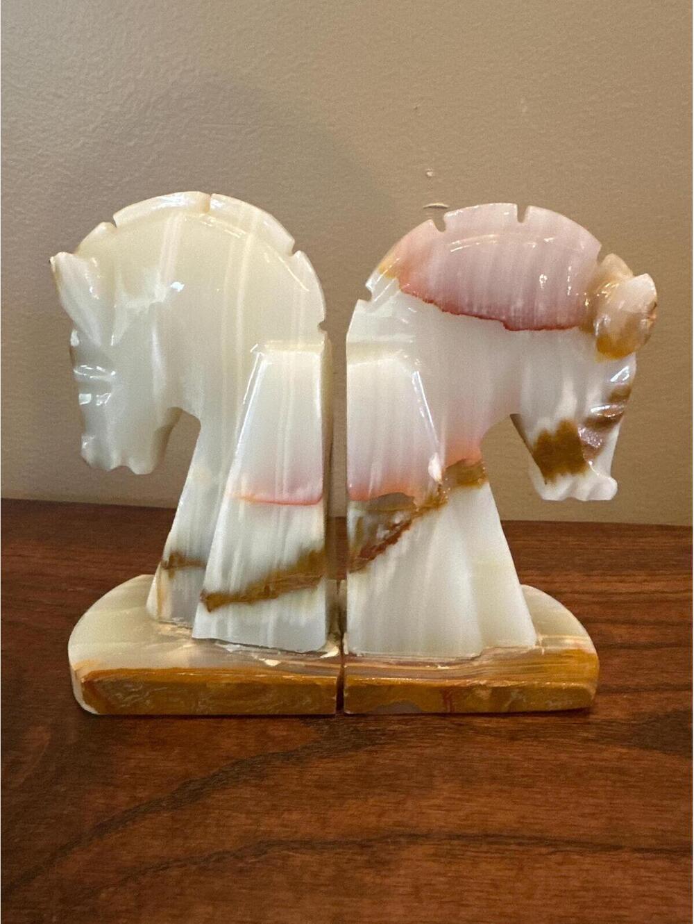 Vintage Carved Onyx Horse Head Bookends